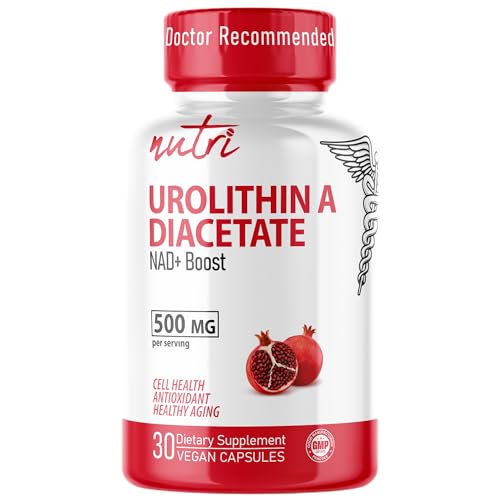 Nutri Urolithin A Supplement 500mg - Powerful NAD+ Boost, Antioxidant, Cell Repair - 3rd Party Tested - 500 mg Urolithin A Diacetate - 30 Vegan Capsules 2 Week+ Supply - NSF cGMP Certified Facility
