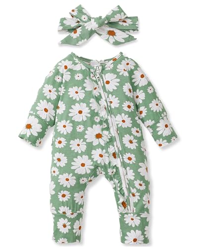 Image of Mikrdoo Newborn Infant Baby Girl Clothes Fall Winter Outfits Long Sleeve Zipper Rompers with Headband
