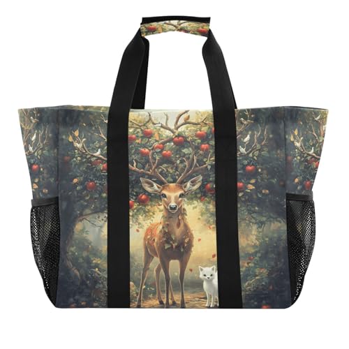 Large Waterproof Travel Tote Bag for Women Men, Fantasy Deer Fox Canvas Beach Bag with Lining & Pockets - Reusable Grocery/Laundry/Kitchen/Pool/Picnic Tote (15.4x9.8x12.8in)