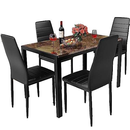 DKLGG Marble Dining Table Set for 4, 5-Piece Faux Marble Kitchen Table and Chairs for 4, Space Saving Dining Room Table Set w/4 Upholstered PU Leather Chairs, Ideal for Dining Room, Kitchen, Corner
