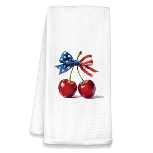 NEFMGEG Coquette Patriotic Cherry Bow Kitchen Dish Towels, 4th of July Independence Day Decorative Hand Towels for Bathroom Kitchen, Independence Day Decorations, 16x24 Inch