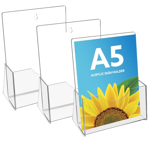 Thboxes A5 Leaflet Holder, 3 Pack Clear Leaflet Holder with Hanging Hole Acrylic Brochure Freestanding Booklet Flyer Stand for Office Restaurants Reception