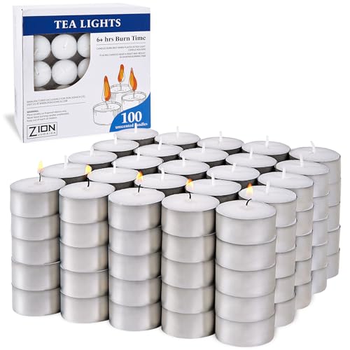 Zion Judaica Tealight Candles Unscented 100 Pack – 6 Hour Long Lasting, Smokeless, Dripless, Clean Burn – Tea Lights for Home, Religious, Ambiance, Shabbat, Camping, Food Warming