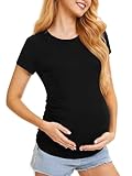 MIRAZEN Maternity Shirts for Women – Crew Neck Maternity Top Short Sleeve Side Ruched Pregnancy Summer Clothes, Black, Medium