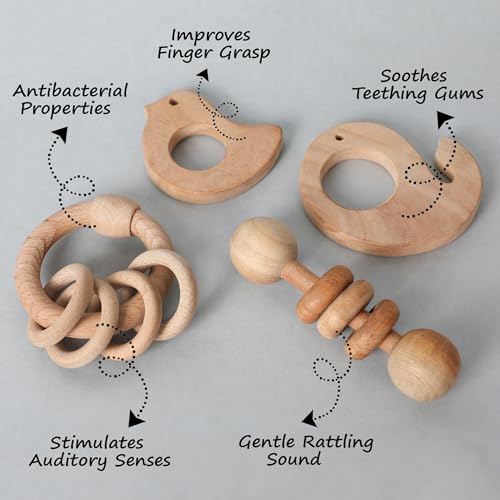 Image of Babbles Neem Wood Teethers for Babies | Wooden Teethers for 6 to 12 Months Baby | Natural and Antibacteria (Bird+Whale+Dumbbell+Ring)