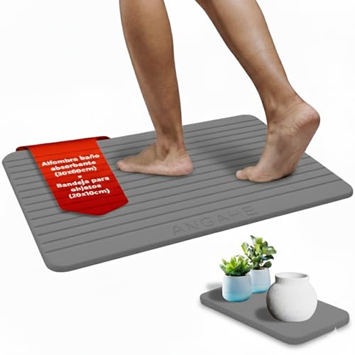 Alfombra de Baño Diatomita Antideslizante y Bandeja a Juego – Secado Rápido, Absorbente y Antibacteriana | Alfombrilla de Ducha Moderna, Minimalista Stone Mat para un Baño Impecable (Gris Oscuro)