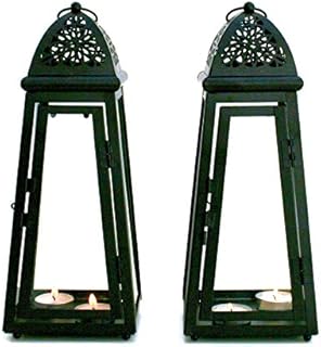 set of 2 Black Lantern Metal & Glass 30 cm tall with FREE t lights