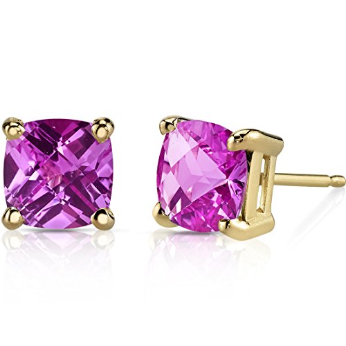 Peora Solid 14K Yellow Gold Created Pink Sapphire Stud Earrings for Women, Classic Solitaire, Hypoallergenic Cushion Cut 6mm, 2.50 Carats total, Friction Back, September Birthstone Earrings,