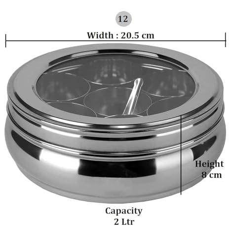 Image of INKULTURE Stainless Steel Masala Box For Kitchen, Belly Shaped And Capacity 2 Liter | Spice Box /Masala Dabba /Namak Dani With See Through Lid, 07 Containers And Spoon | Anjarai Petti