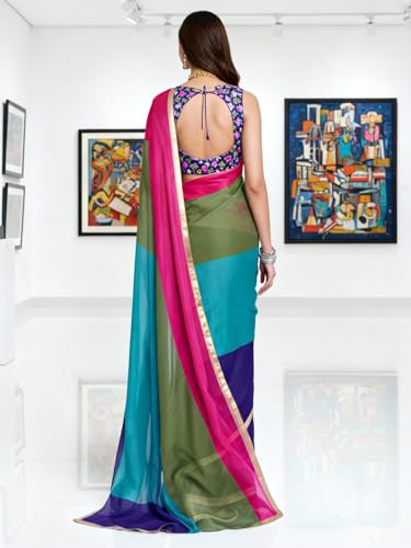 Image of AKHILAM Women's Multicolored Organza Colorblocked Printed Saree With Unstitched Blouse Piece (ALIA1014 AI)