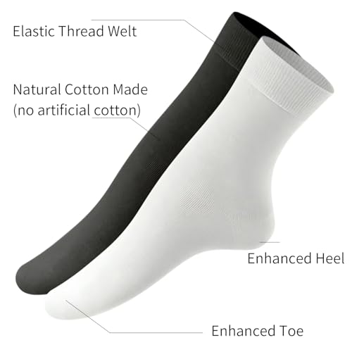 K-LORRA Black White Cotton Socks For Women and Men, Black White Dress Socks, Friendly to Diabetes, 6 Paires, Size 6 to 112