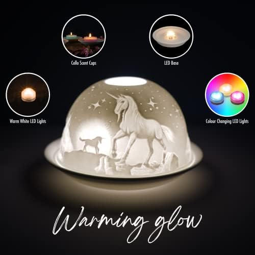 Cello Porcelain Tealight Holder Dome, Unicorn Design, A stunning candle holder projecting a 3D image or loving message. Suitable to be used with scented and unscented tealights.