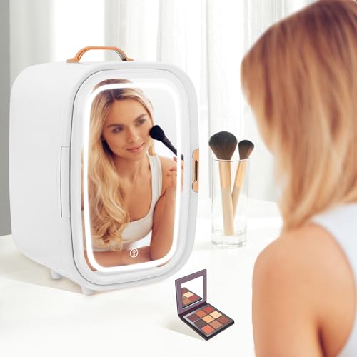 Image of 12 Liter Beauty Fridge with Lighted Mirror for Cosmetic Storage, Compact Skincare Fridge for Makeup Lipstick, Portable Refrigerator for Bedroom Bathroom (White,with Mirror)