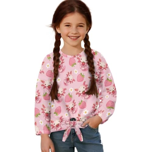 Belidome Kids Fall/Spring T-Shirt for Girls 5-12 Years, Long Sleeve Shirt with Front Tie Knot Tees Top School Outfits