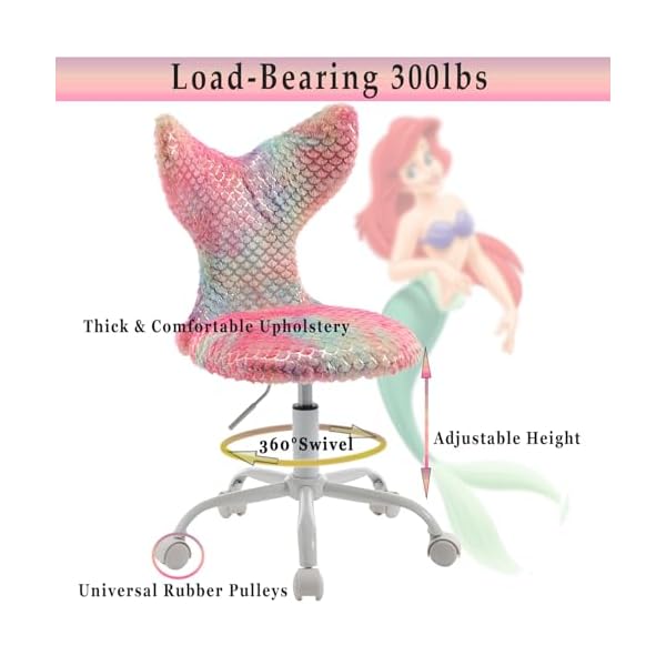 Cute kids desk chair soft fuzzy computer chair for girls teen reading study adjustable swivel rolling task chair vanity chair with little mermaid sparkling backdeep rainbow  urban country home decor