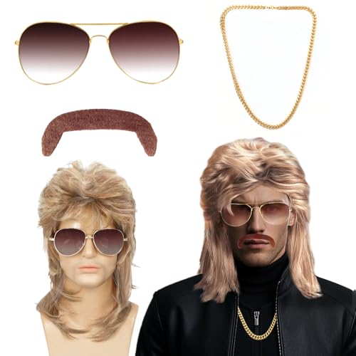 Peluca Mullet años 80 de 4 piezas con collar y barba hiperrealista