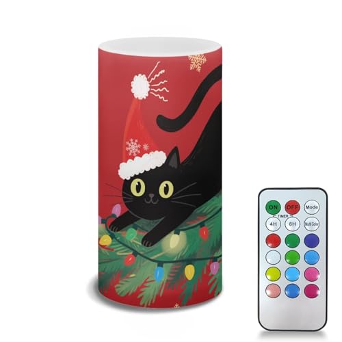 Image of Poceacles Black Cat Christmas Tree Red Flameless Candle Battery Powered with Remote Control 12 Colors 4 /8 Hours Timer LED Night Lights Pillar Candle Tealights Christmas Decorations