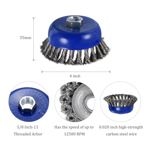 Image of Twisted Knotted Wire Cup Brush for Angle Grinder - [4 Inch] for Paint Stripping Cleaning Rust Duty Abrasive, 5 /8 Inch-11 Threaded Arbor, .020 Carbon Steel Wire, Blue