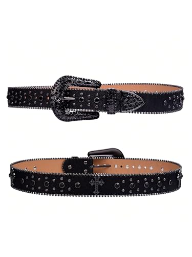 Verdusa Women's Rhinestone Studded Leather Belt Metal Buckle Rivet Western Waist Belts3