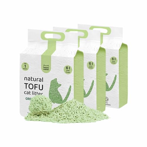 HAPPY MEOW Arena de Tofu para Gatos (18L/7,5Kg) - Natural y Biodegradable - Aglomerante Instantáneo, Bajo en Polvo, Control de Olores con Aroma de Té Verde, Ultra Absorbente, Desechable en el Inodoro