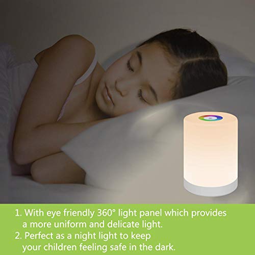 Bedside Table Lamp Touch Sensor, LED Night Light Rechargeable Portable Dimmable RGB Color Changing Modes for Kid Children Bedroom Camping, Adjustable Brightness Eye Caring Metal Handle (Warm White)