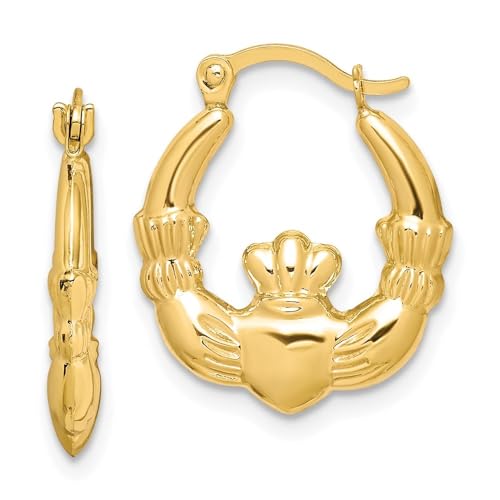 Diamond2Deal 10K Yellow Gold Two Hands Holding Heart Claddagh Hollow Hoop Earrings (L-18 mm W-16 mm)