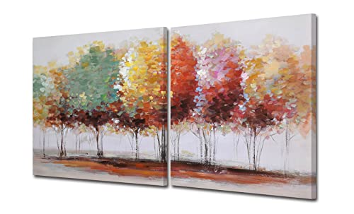 Fox Art Tree Canvas Prints Wall Art For Home Decor, Large Colorful Trees Branches Oil Paintings, Forest Pictures For Living Room Bedroom Stretched And Framed Ready To Hang 2 Sets 56*28Inch #TOP1