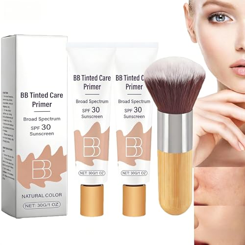 BB Tinted Care Primer with SPF 30 Full Coverage Concealer Natural Color Cream Formula with Brush 1 Oz 2 Pack