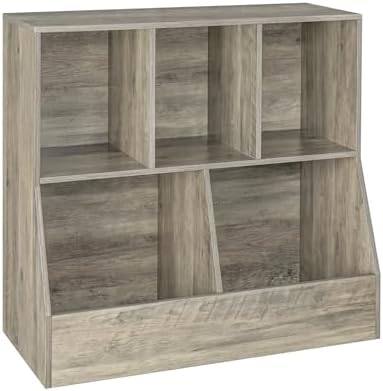 DINZI LVJ Toy Storage Organizer, Kids Bookshelf, Wood Toy Storage Cabinet, 5 Cubby Children Bookcase, Toddler Book Toy Shelf for Playroom, Bedroom, Nursery, Hallway, School, 31.5″ Long, Gray Wash