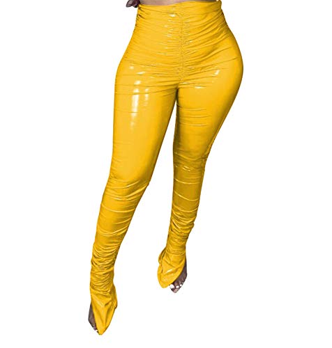 Generic Women Sexy Faux Leather Pleather Pants Pu Leather Stacked Pants Womens High Waisted Pleather Pants (Small,Yellow)