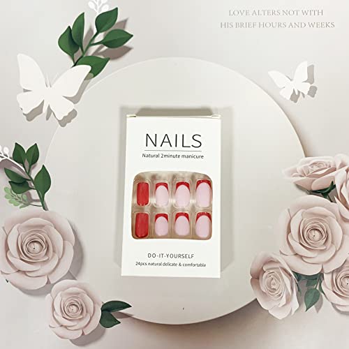 24Pcs French Tip Press On Nails Short Square Fake Nails Glossy False Nails Full Cover Acrylic Nails Pink Nail Tip Design Short Artificial Nails French Glue On Nails Stick On Nails For Women Diy Manicure Decoration #TOP4
