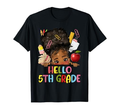 Hello 5th fifth grade Messy Bun back to school Afro Girl T-Shirt