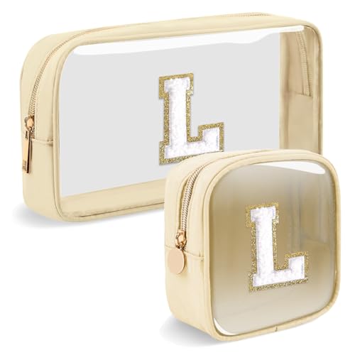 2pcs Personalized Initial Letter Clear Makeup Bag | Waterproof Nylon Preppy Cosmetic Bag | Travel Toiletry Bag | Monogrammed Gifts for Women Girl | Wedding Bridal Shower Gifts for Bridesmaids(Beige L)