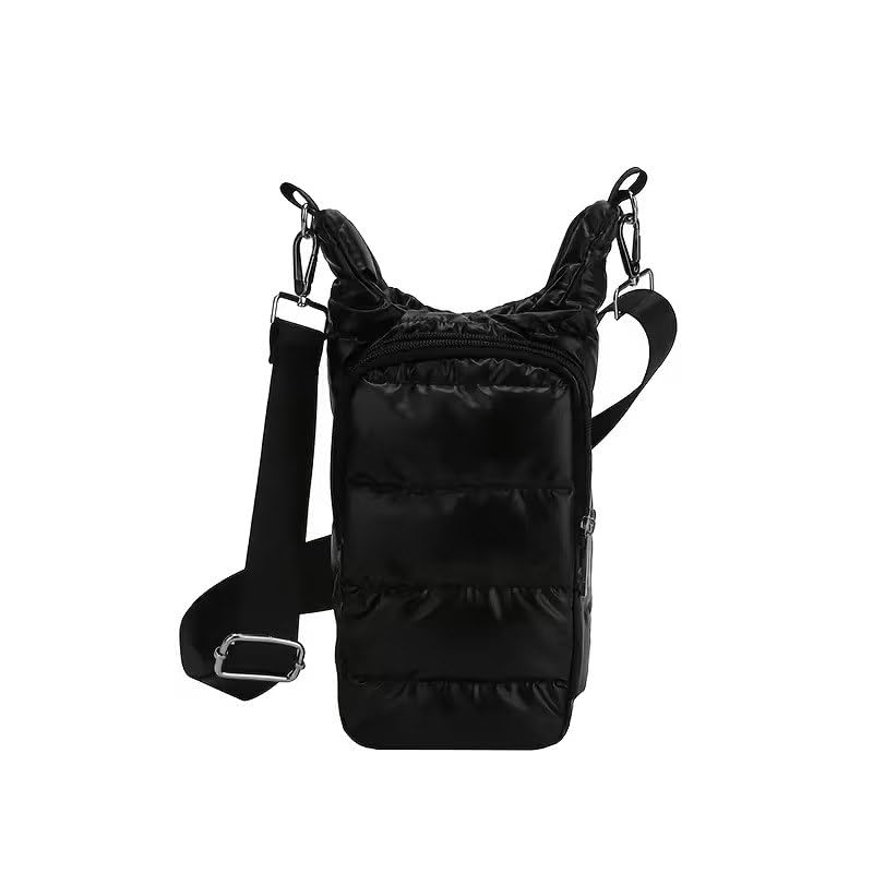 Puffer Water Bottle Bag with Strap for Walking, Quilted Crossbody Water Bottle Holder Carrier, Casual Single-Shoulder Pouch with Pocket for Gym, Travel, and Daily Commute (Black)-image-28