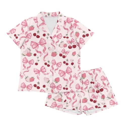Image of Renewold Button Down Womens Pajama Set Short Sleeve Loungewear Bow Nightwear Sleepwear Night Suit Tops Shorts 2 Pieces