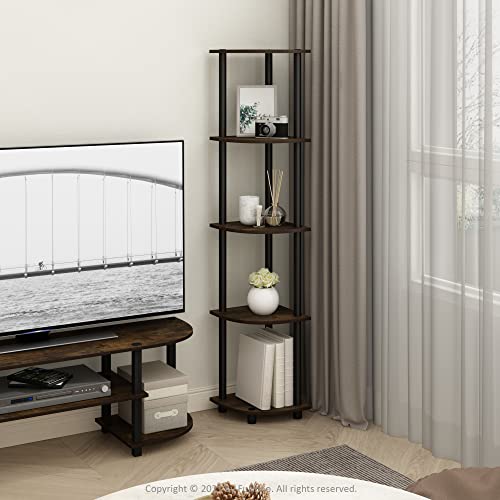 Image of Furinno TURN-N-TUBE Corner Shelf, 5-Tier Corner Bookshelf, Open Storage Shelves, for Organization and Storage, Living Room, Home Office, Garage, Bedroom, Amber Pine