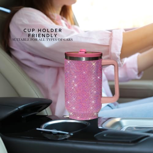 Image of 40 Oz Rhinestone Tumbler with Handle and Flip Straw | Insulated Stainless Steel Double Layer Bling Tumbler | Leak Proof Glitter Tumbler for Women | Reusable 1200ml Travel Bling Cups Pink