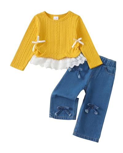 Image of Kucnuzki Toddler Baby Girl Clothes Long sleeve Fall Winter Shirt Tops Baggy Jeans Pants Set Kids Girls Outfits 2 Piece