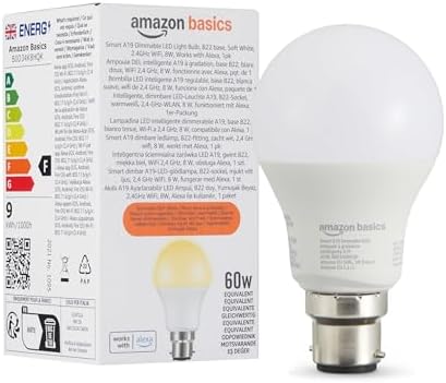 Amazon Basics Smart Dimmable LED Light Bulb, B22 Base, Soft White...