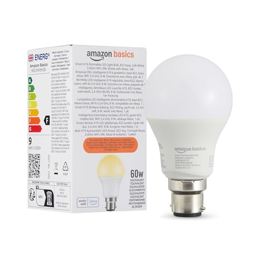 Amazon Basics Smart Dimmable LED Light Bulb, B22 Base, Soft White, 8W (60W Equivalent), Works with Alexa Only, 1 Pack