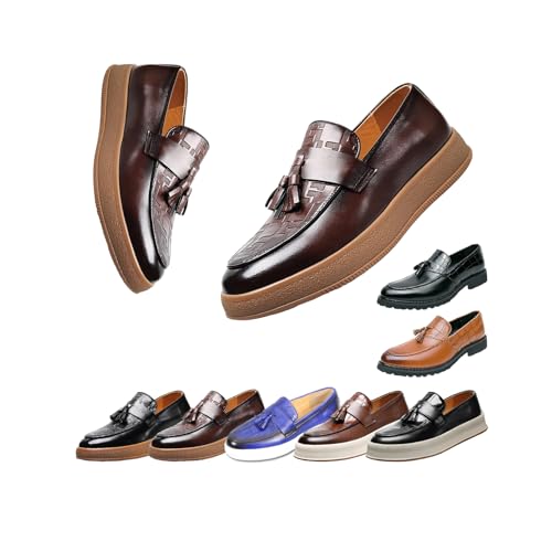 Men's Plaid Pattern Leather Slip On Tassel Loafers, Round Toe Low Top Comfort Non-Slip Luxury Dress Shoes, for Dating Business Party