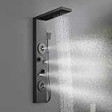 ROVATE Shower Panel Tower System with Rainfall Shower, Elegant Matte Black Shower Tower with Powerful Body Massage Jets, Handheld and Tub Spout, Stainless Steel Shower Column High Pressure