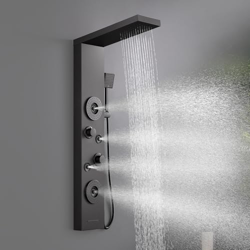 ROVATE Shower Panel Tower System with Rainfall Shower, Elegant Matte Black Shower Tower with Powerful Body Massage Jets, Handheld and Tub Spout, Stainless Steel Shower Column High Pressure