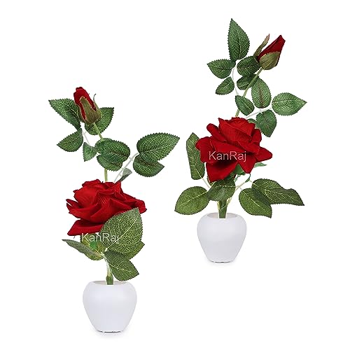 Image of Artificial Rose Flower Set of 2 Roses with Pot (Natural Looking), Plastic