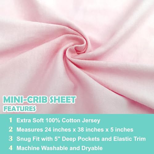 Image of American Baby Company 2 Pack 100% Natural Cotton Fitted Mini Crib Sheets 38 inch x 24 inch - Soft & Breathable Small Nesting Portable Sheets, Fits Pack N Play Mattresses, Pink, for Boys & Girls