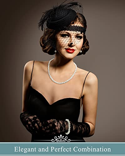 2 Sets Fascinators Hats For Women Tea Party Accessories Include Fascinators Hat Veil Feather Derby Hat Short Lace Gloves Pearl Necklace Bracelet And Earrings For Wedding Cocktail, Black And White #TOP4