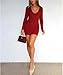 Coloquin Women Sexy Long Sleeve Bodycon Mini Dress Deep V Neck Ruched Club Party Going Out Dress Wine S