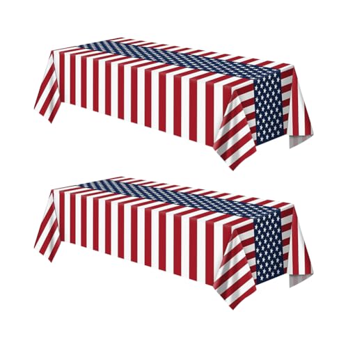 Lot de 2 nappes de table à thème patriotique - 137 x 274 cm - Motif drapeau des États-Unis - Rouge - Blanc et bleu - En plastique - Décorations de table pour le 4...