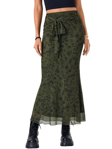 Rooscier Women's Floral Print Mesh Long Skirt High Waist Tie Fishtail Bodycon Maxi Skirts2