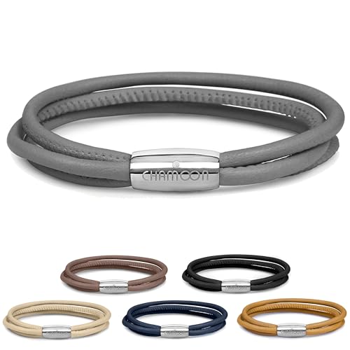 CHAMOON Lederarmband Damen Grau - Armband Leder Wickelarmband mit Magnetverschluss für Charms Personalisiertes Armband Einfach-Gewickelt Frauen Schmuck M 19 00 cm
